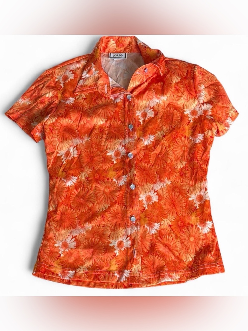 Vintage Joule Orange Floral Button Up Camp Shirt Womens M Hawaiian Y2K Retro USA